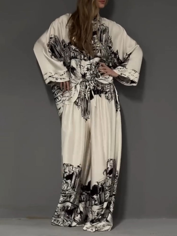Architectural Print Satin Shirt And Pants Two-Piece Set