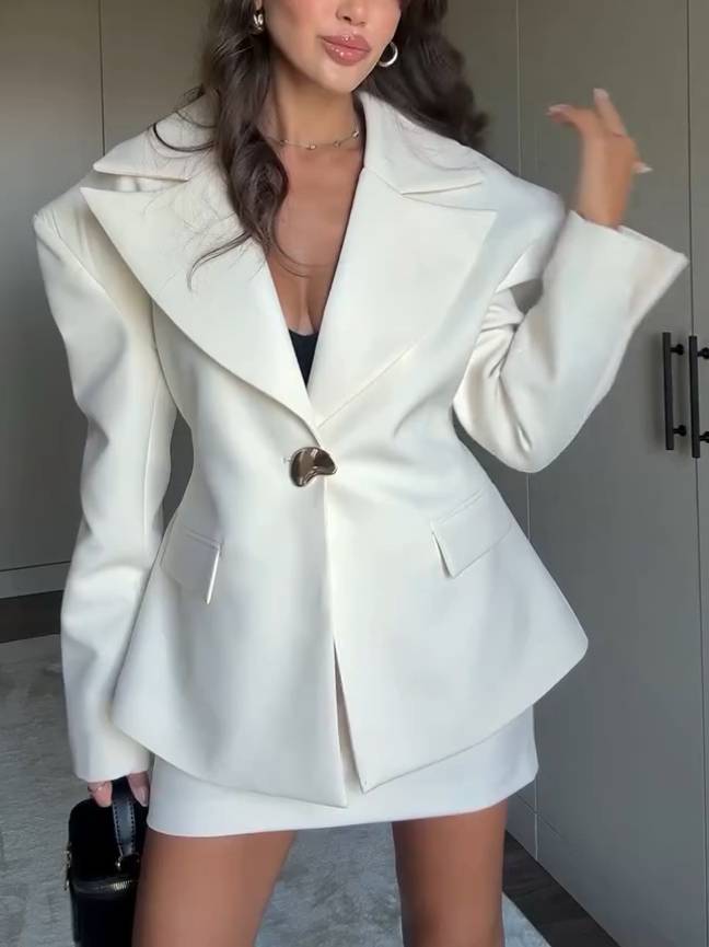 Wide Shoulder Waisted Blazer And Mini Skirt Suit - Blazer