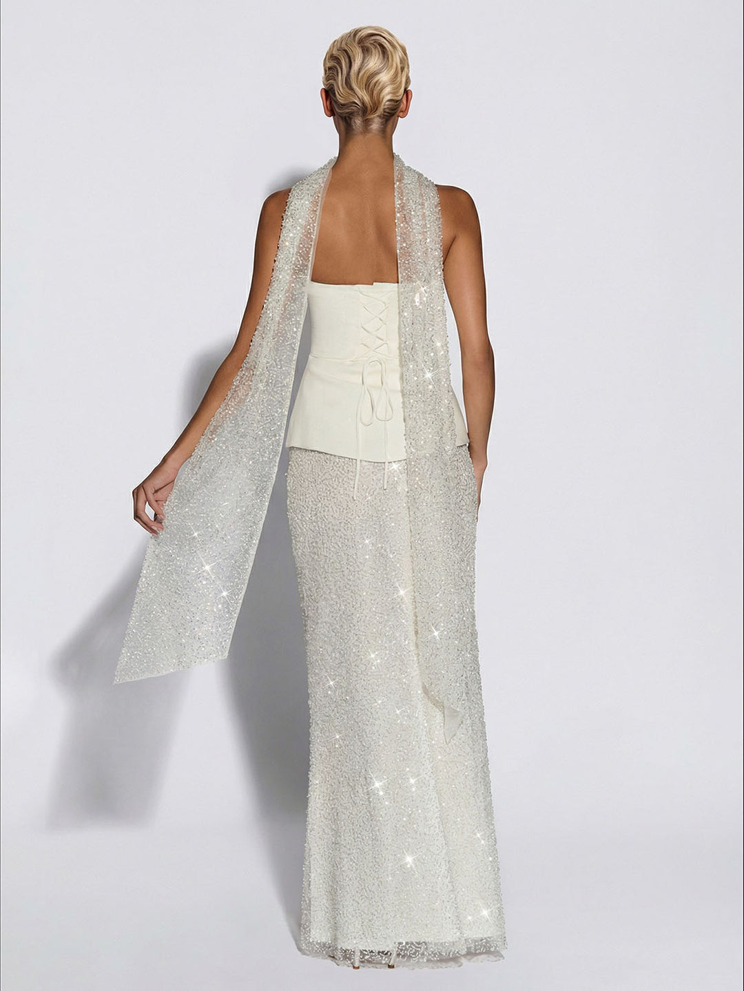 Elegant Strapless Sequin Skirt And Shawl Two-Piece Set