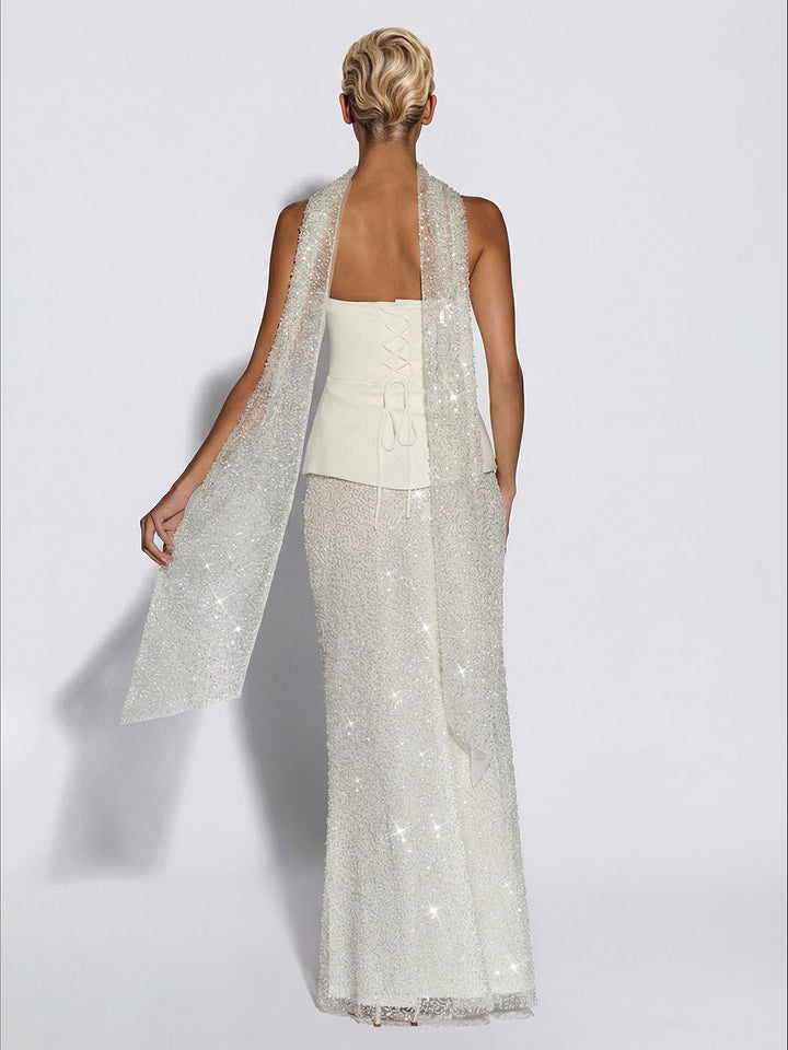 Elegant Strapless Sequin Skirt And Shawl Two-Piece Set