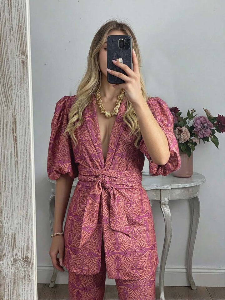 Casual Ethnic Style Printed Puff Sleeve Shirt