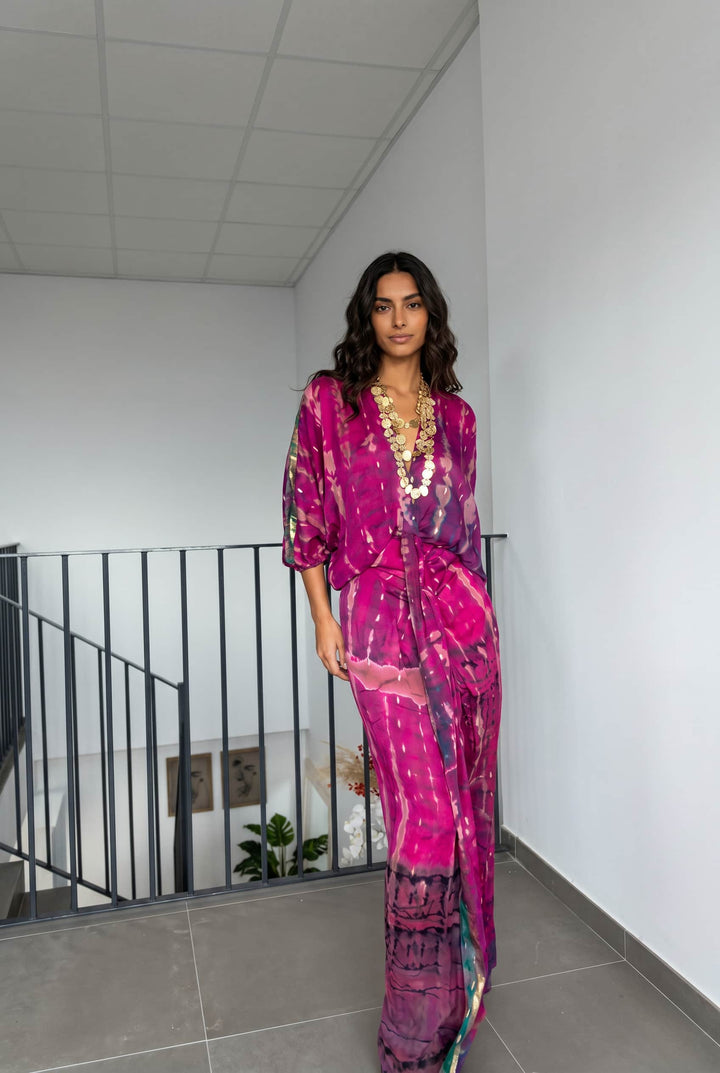 V-Neck Printed Patchwork Slit Streamer Design Maxi Dress