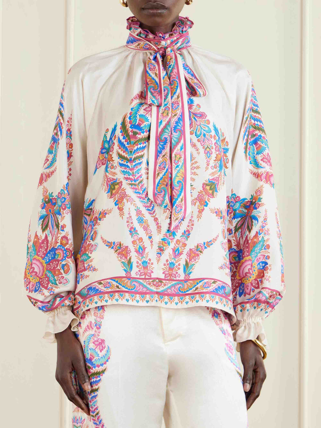Exquisite Paisley Print Satin Wide-Leg Pants