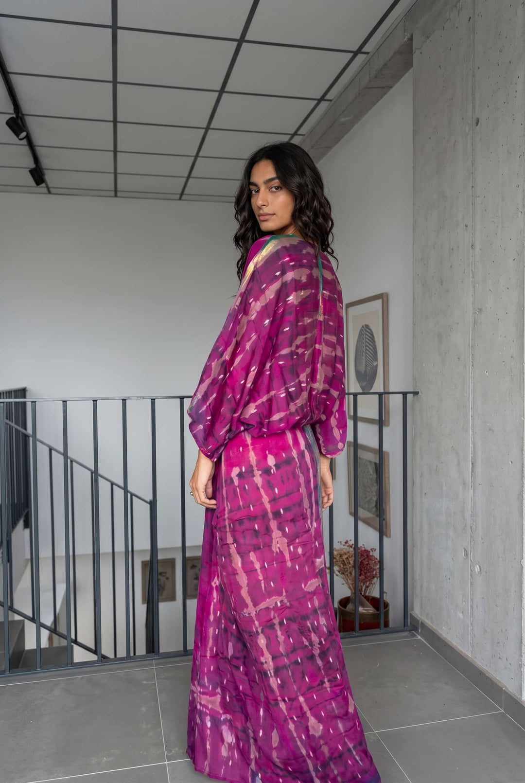 V-Neck Printed Patchwork Slit Streamer Design Maxi Dress