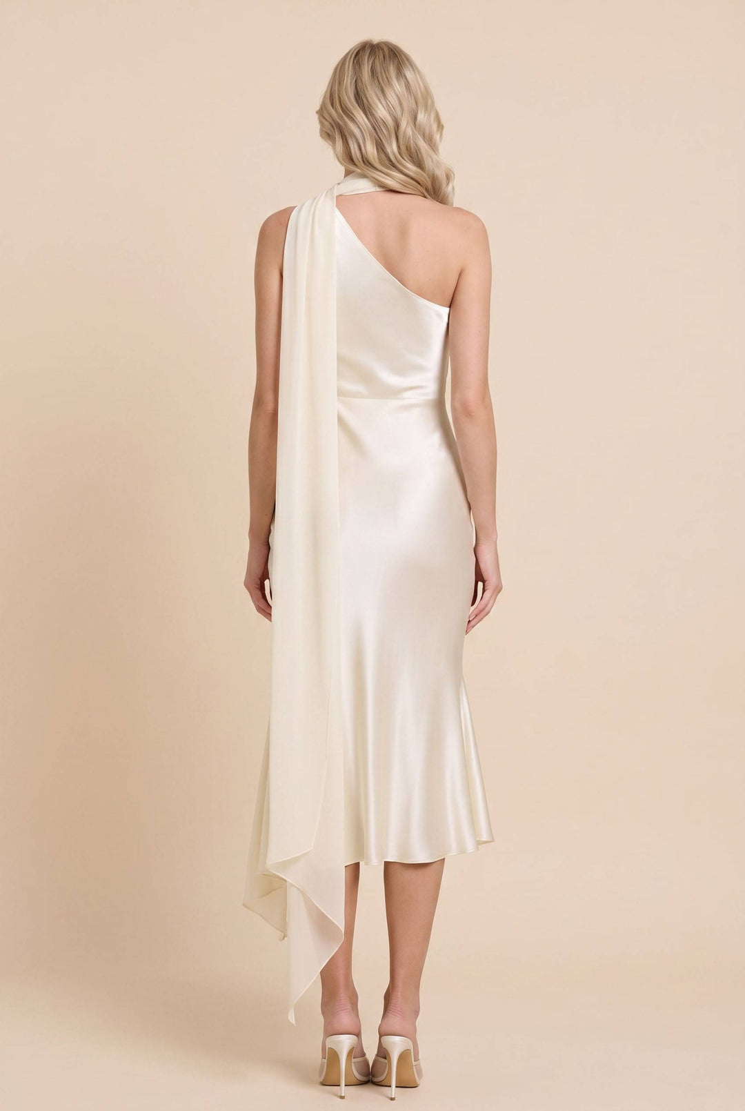 Oblique Collar Ribbon Midi Dress