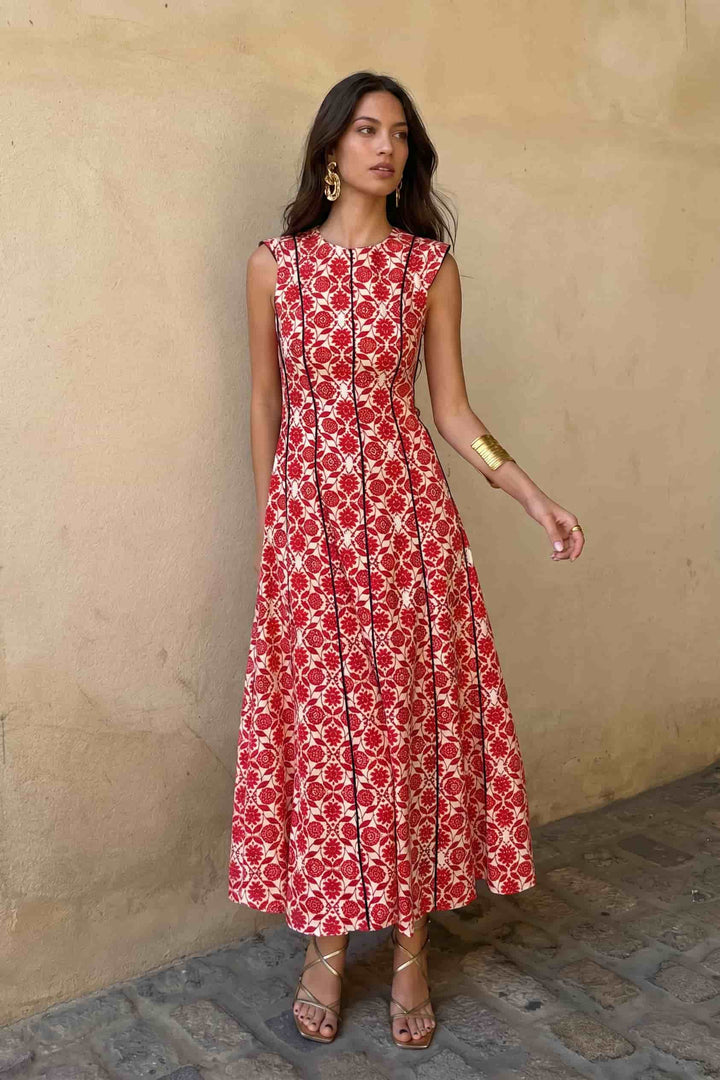 Fly-Sleeve Color Contrast Printed Maxi Dress