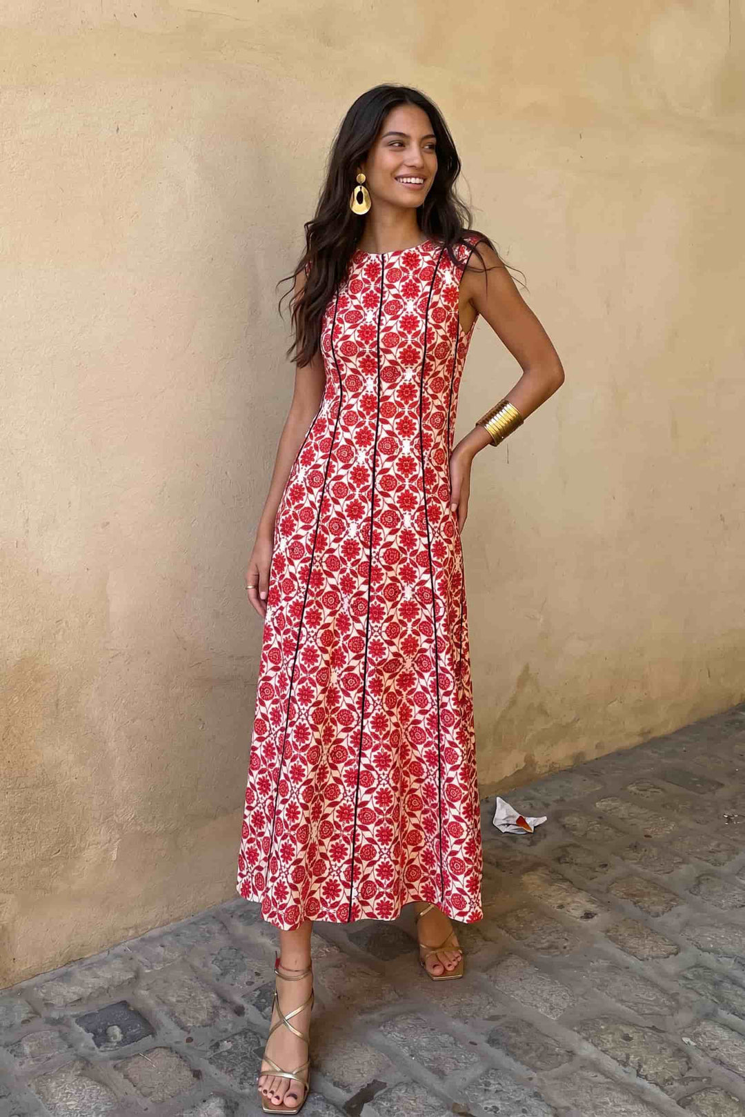 Fly-Sleeve Color Contrast Printed Maxi Dress