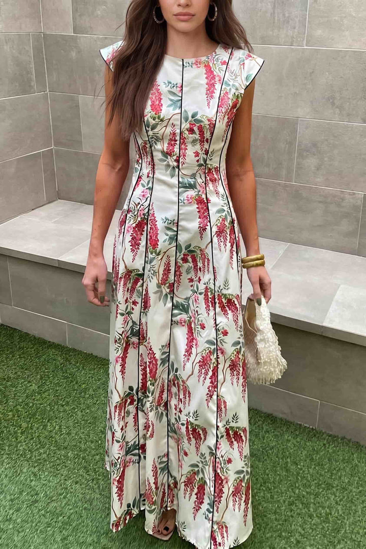 Fly-Sleeve Color Contrast Printed Maxi Dress