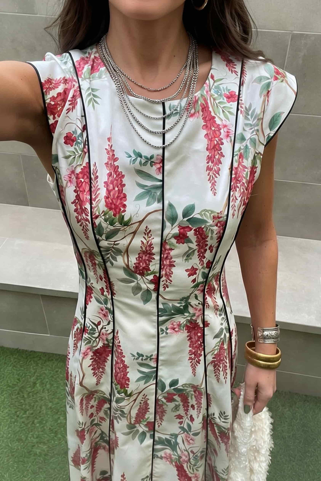 Fly-Sleeve Color Contrast Printed Maxi Dress