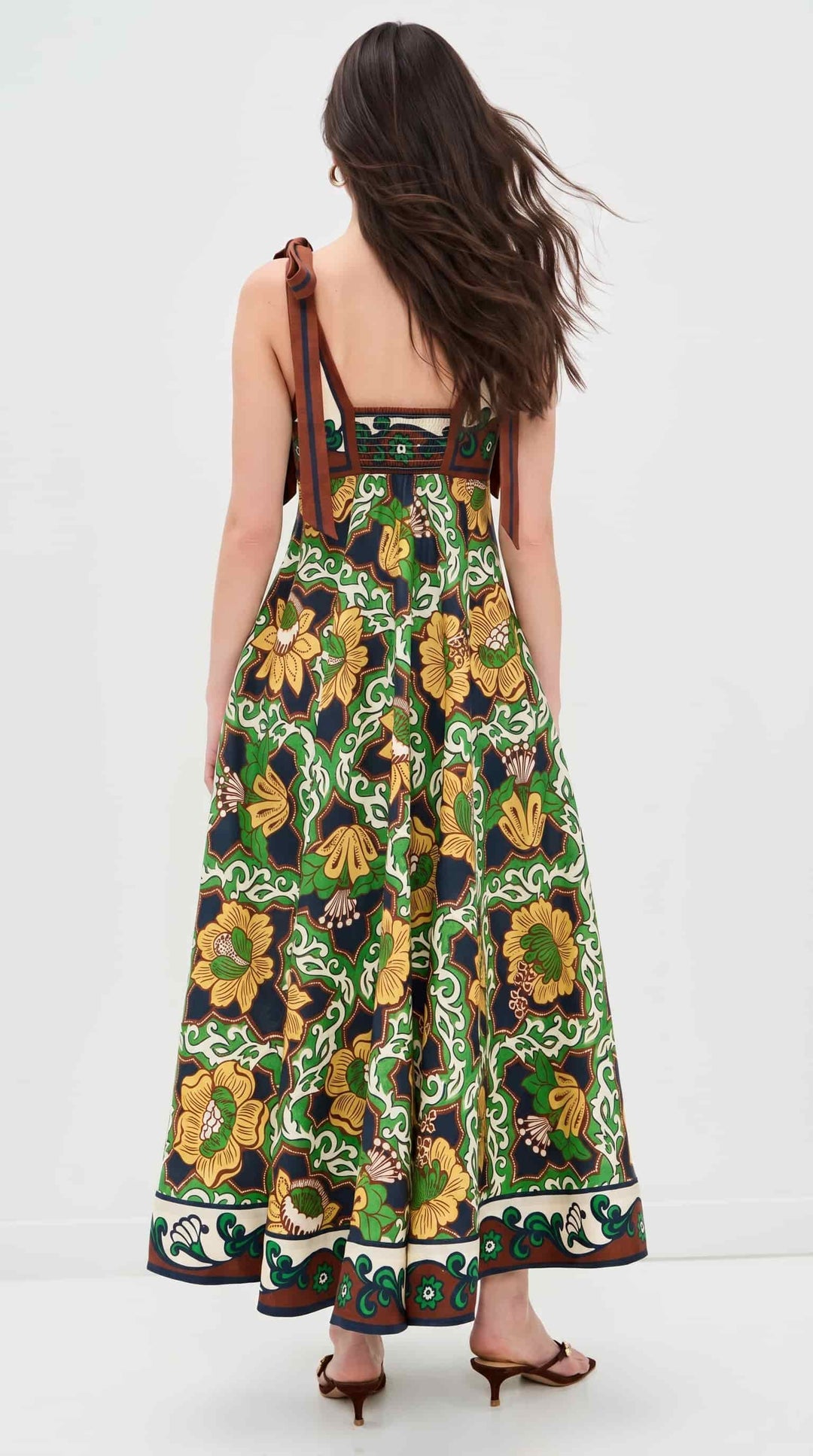 Lace-Up Printed High-Waist A- Line Maxi Dress