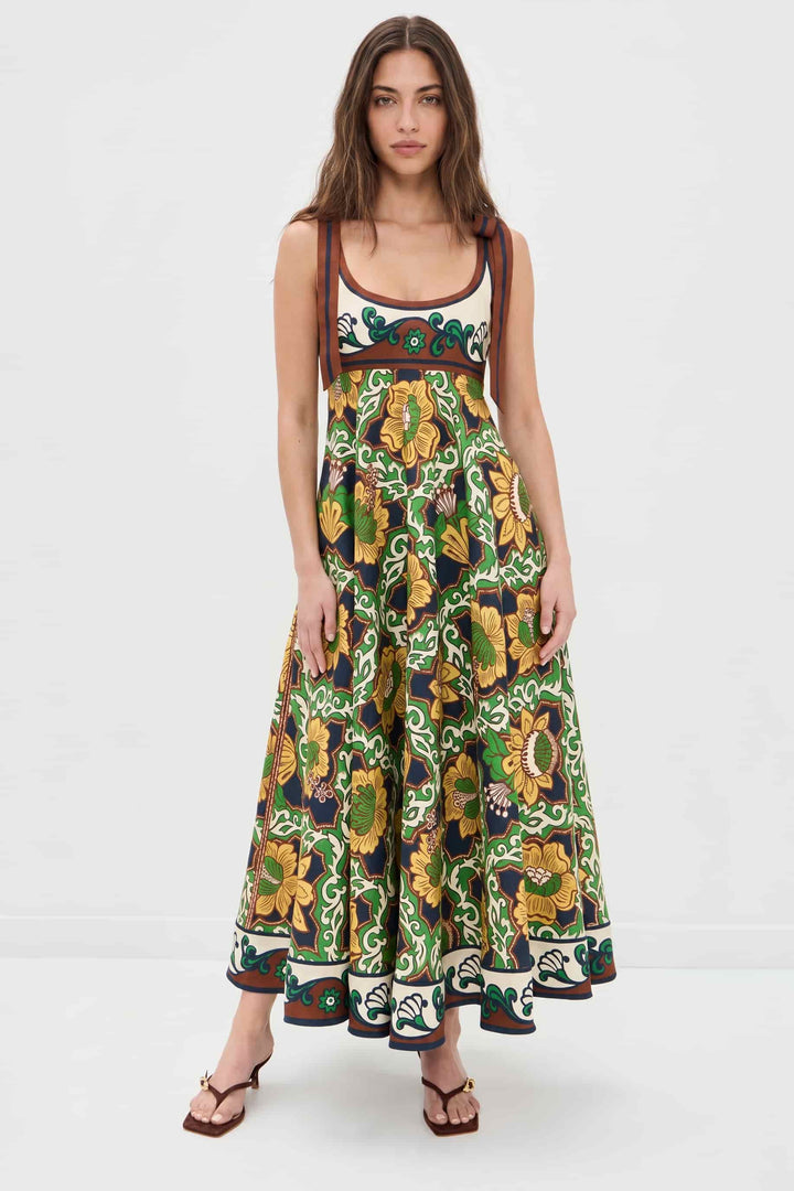 Lace-Up Printed High-Waist A- Line Maxi Dress