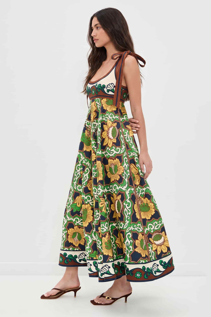 Lace-Up Printed High-Waist A- Line Maxi Dress