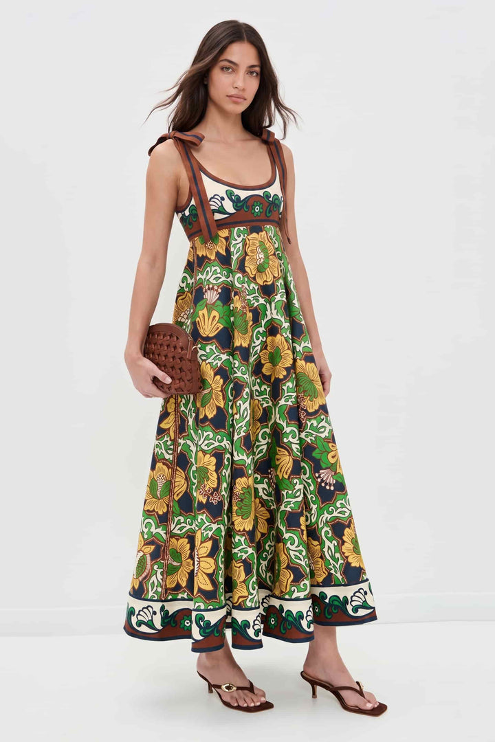 Lace-Up Printed High-Waist A- Line Maxi Dress