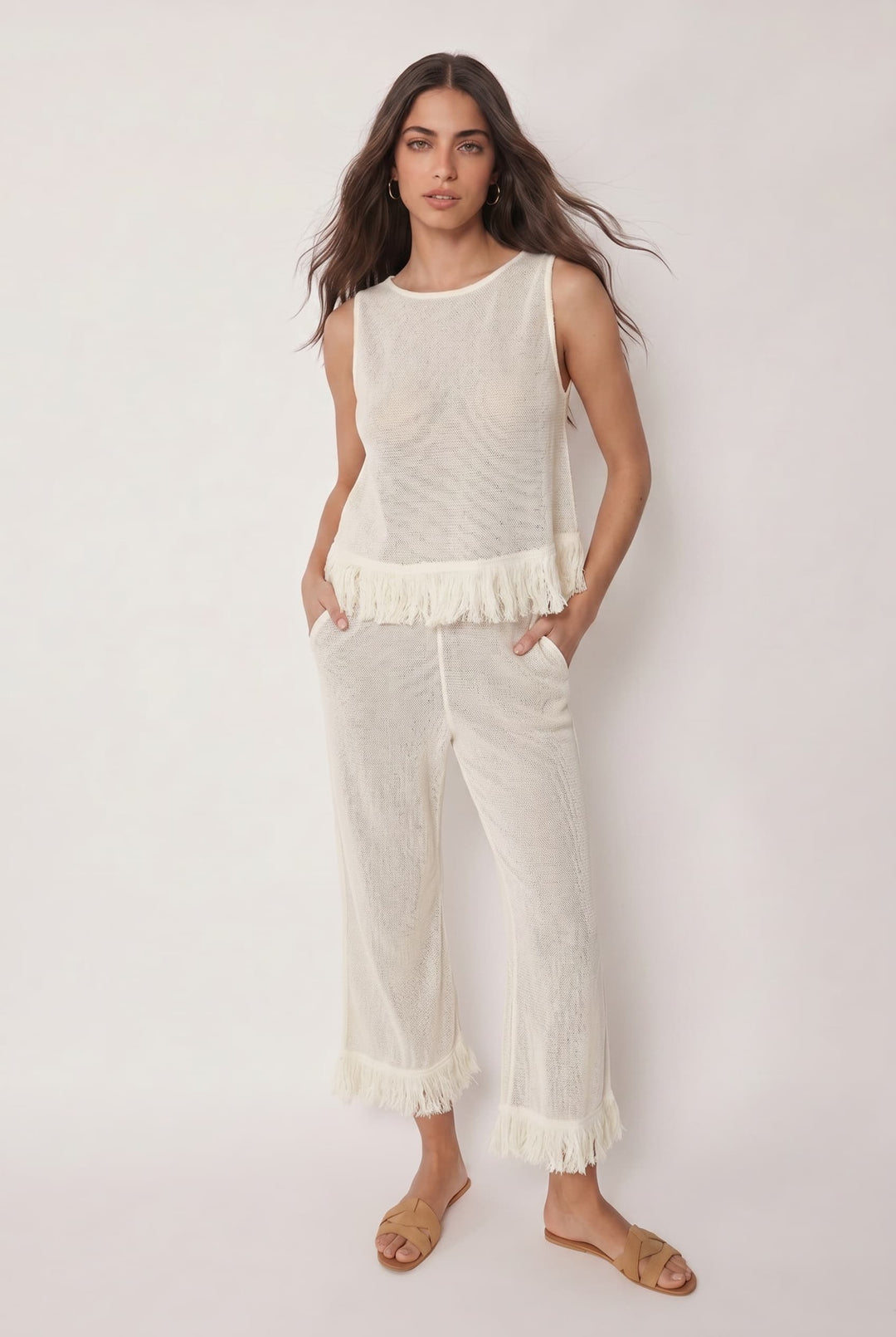 Mesh Tassel Top And Wide-leg Pants Set