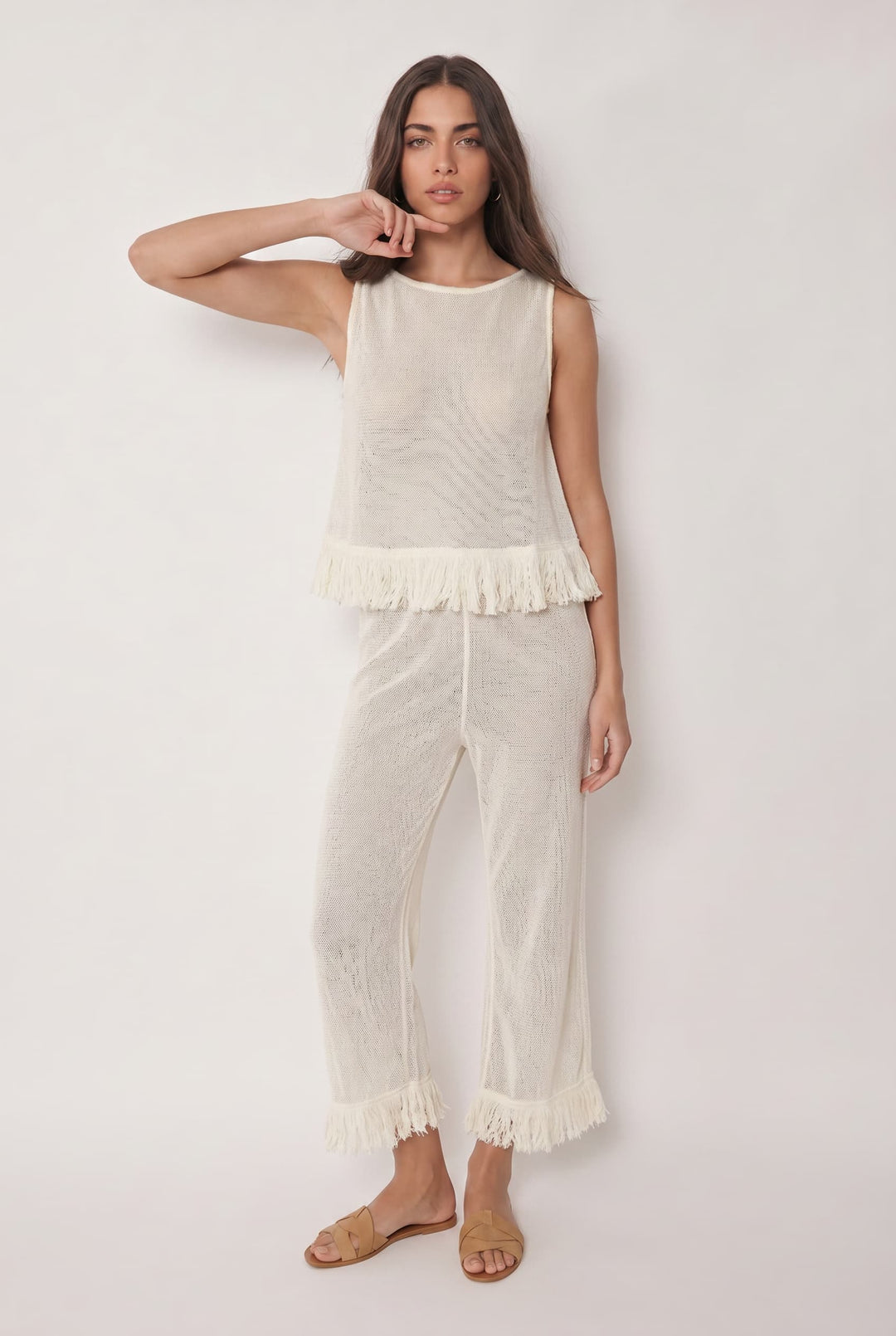 Mesh Tassel Top And Wide-leg Pants Set