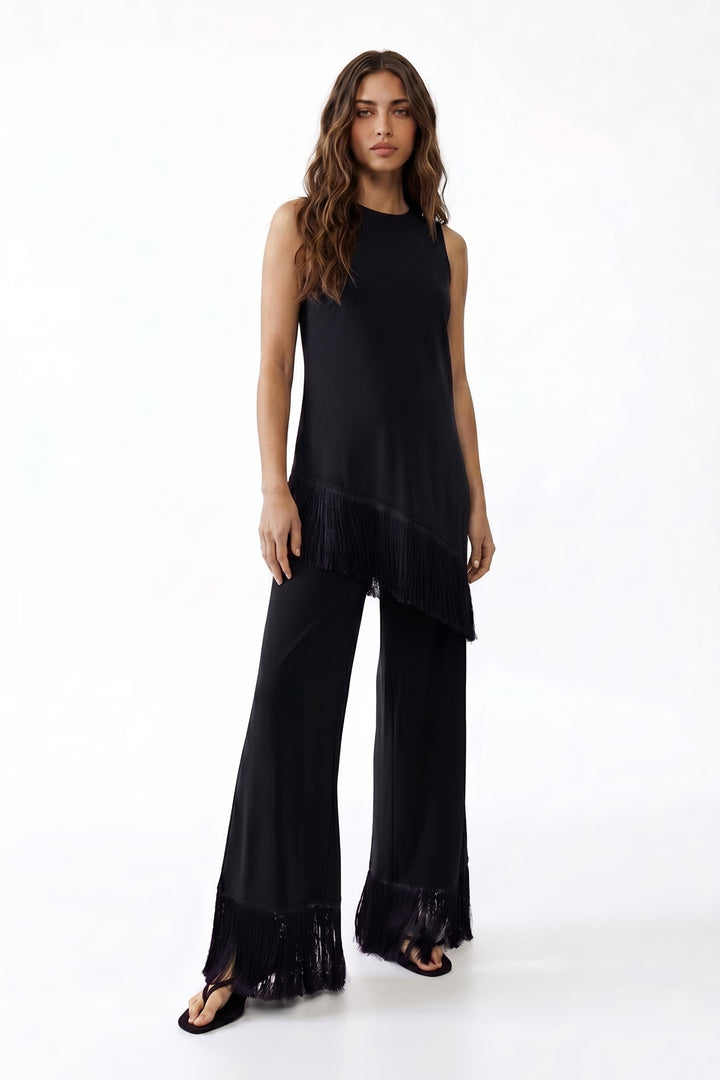 Tassel Design Top And Wide Leg Pants Set