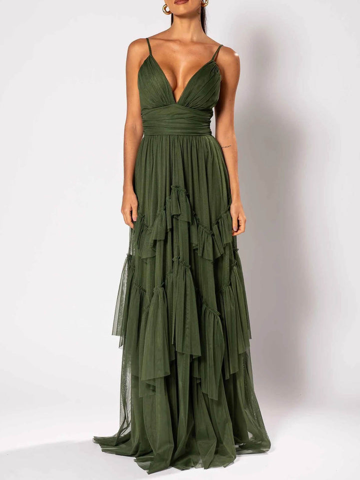 Elegant Deep V-Neck Tiered Tulle Maxi Dress