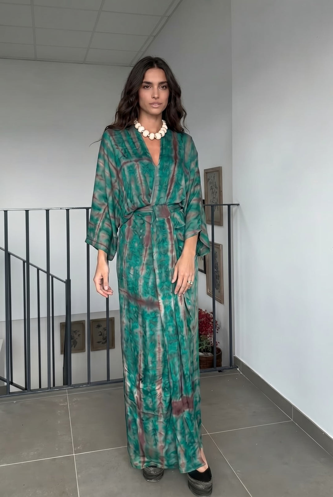 V-Neck Printed Slit Streamer Design Maxi Dress