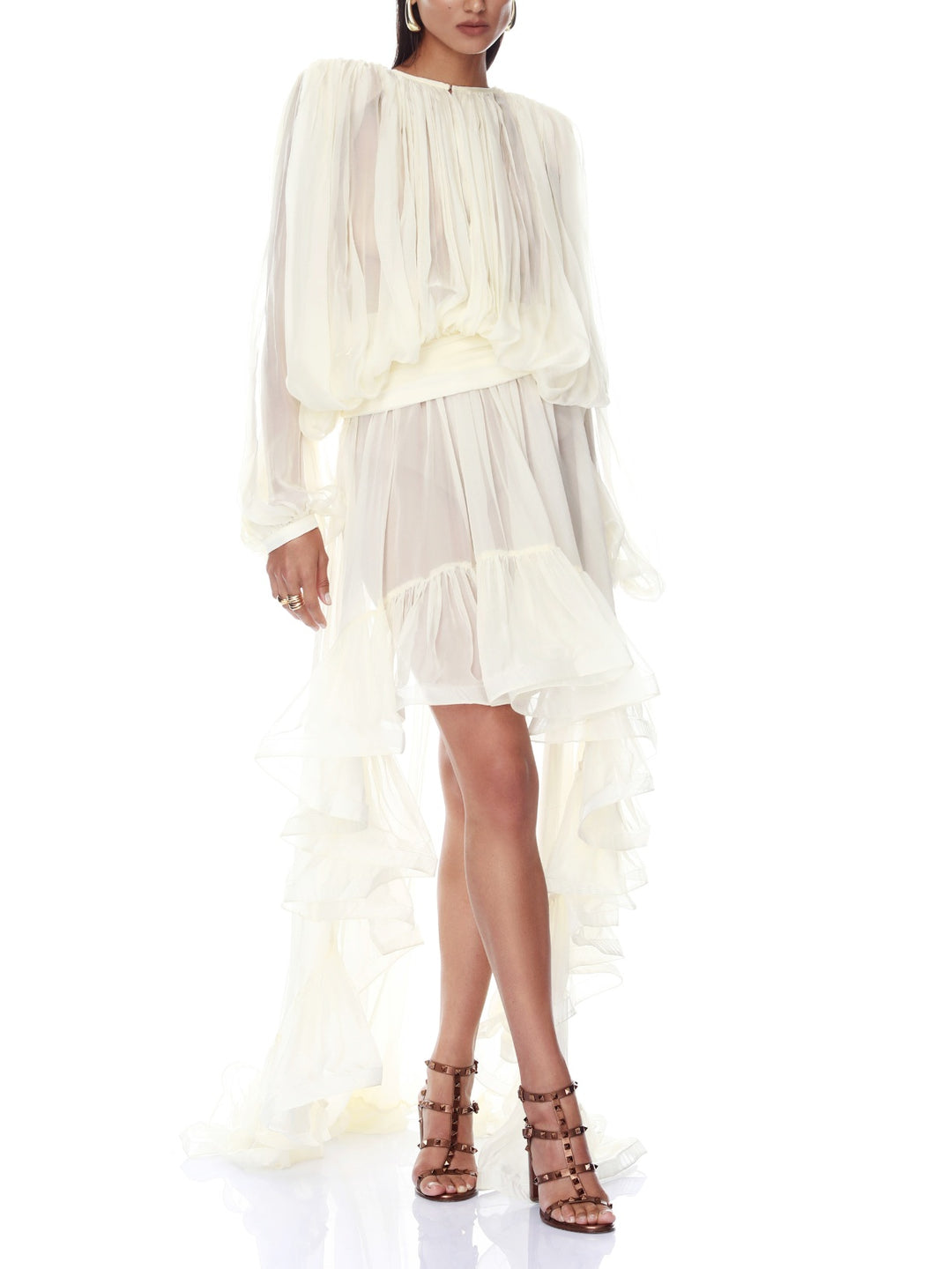 Elegant Sheer Ruffle Blouse & Layered High-Low Skirt Two-Piece Set