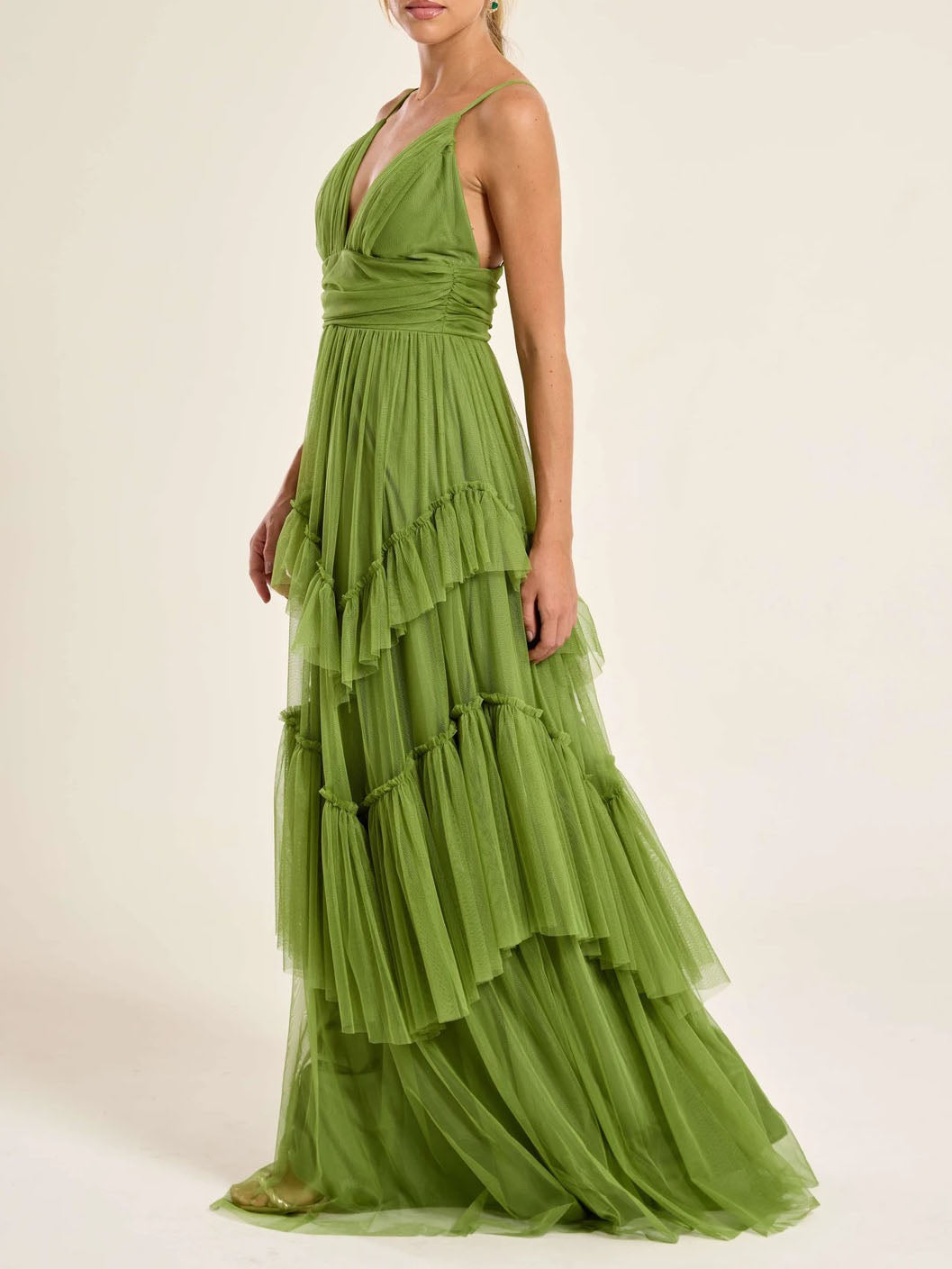 Elegant Deep V-Neck Tiered Tulle Maxi Dress