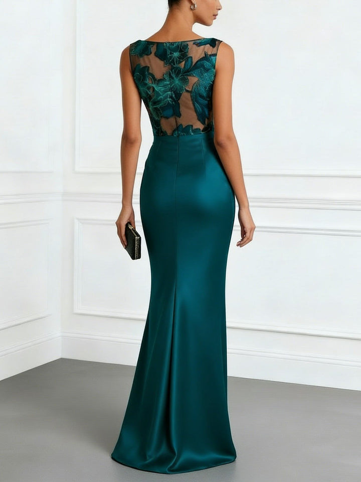 Elegant Sheer Floral Lace Satin Maxi Dress