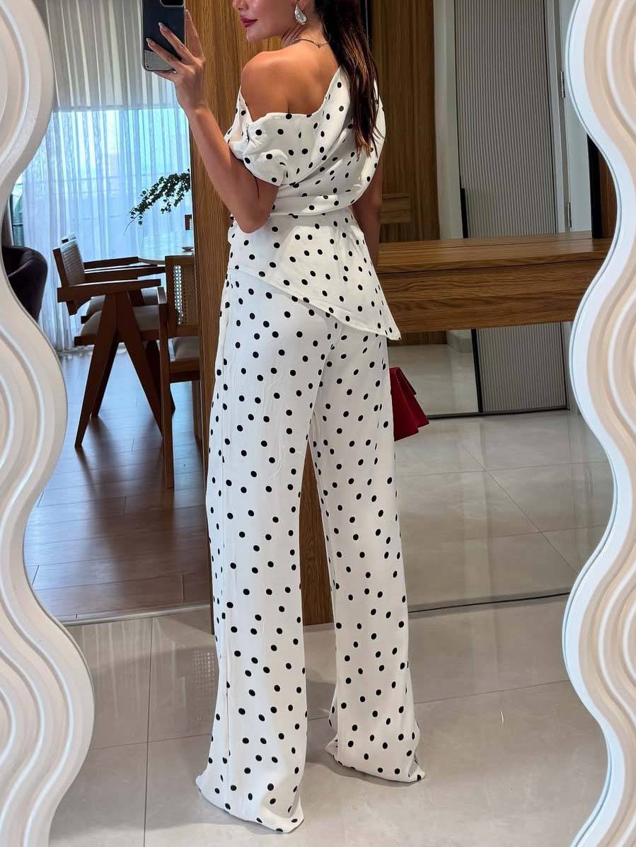 Vintage Polka Dot Off-Shoulder Top And Wide Leg Pants Suit-Pants