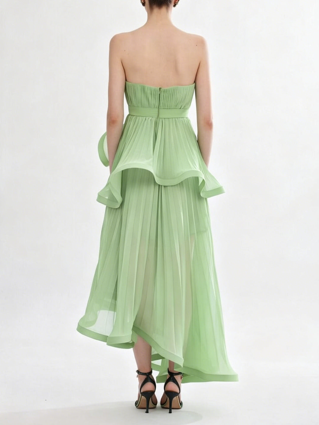 Elegant Strapless Ruffle Tiered High Slit Ruched Maxi Dress