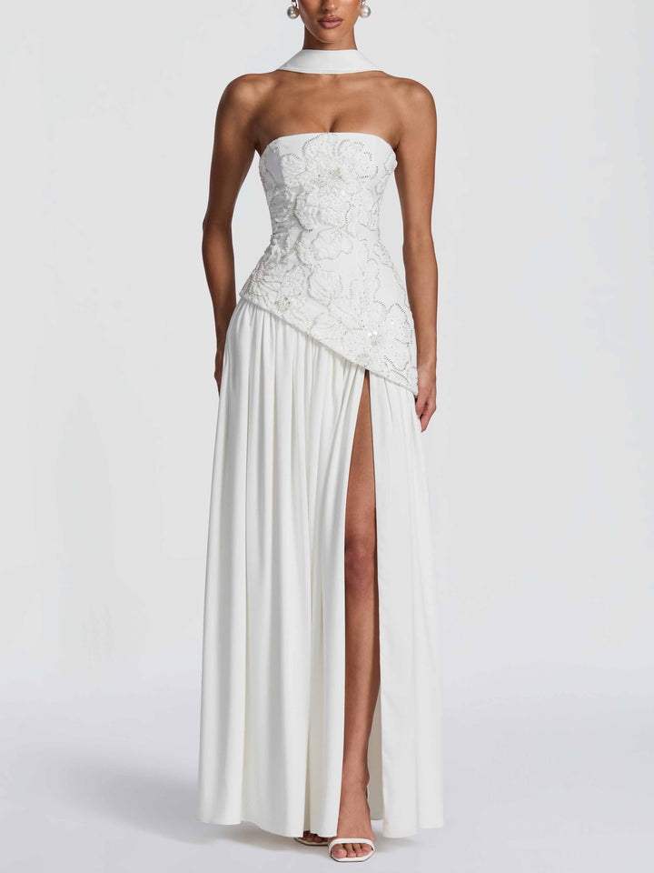 Elegant Strapless Floral Embroidered Maxi Dress