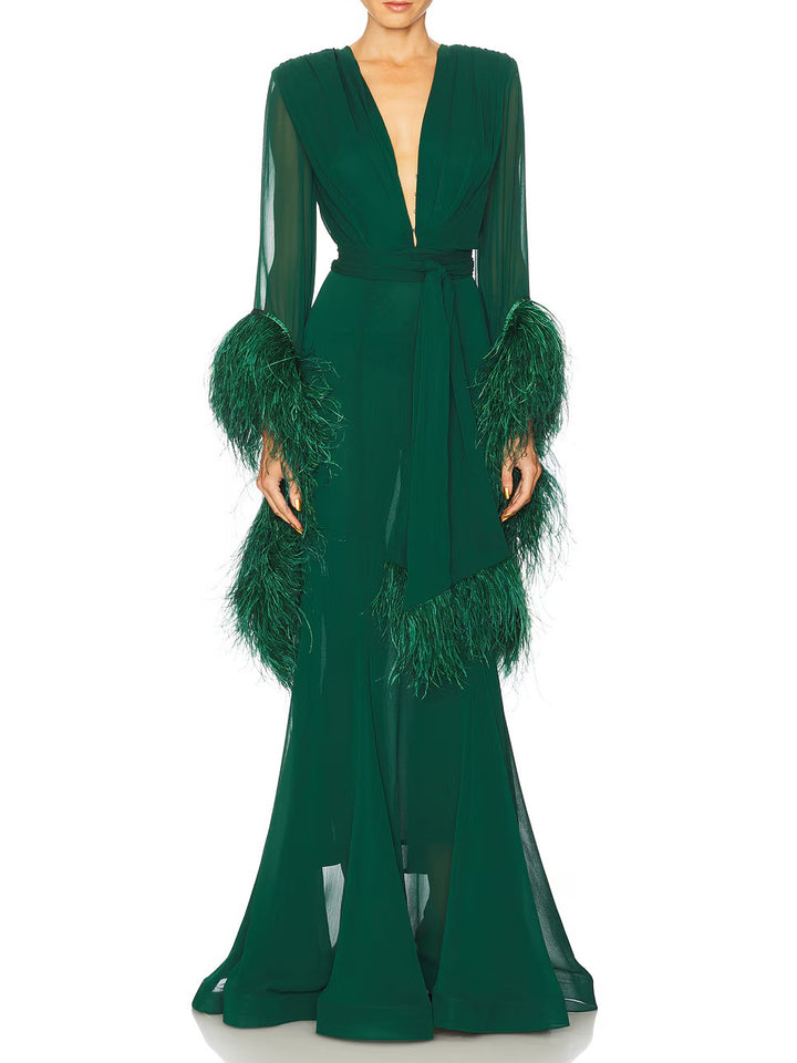 Elegant V-Neck Feather Cuff Chiffon Flowing Party Maxi Dress