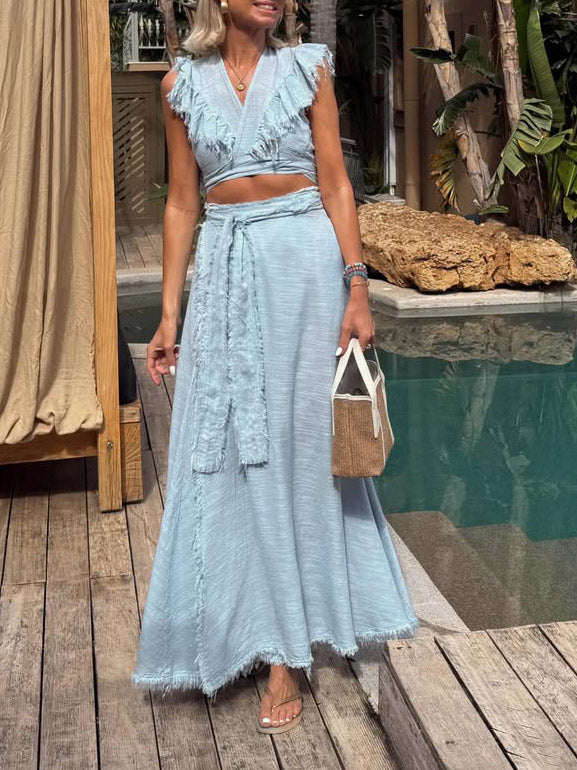 Casual Wrap Top & Skirt Two-Piece Set
