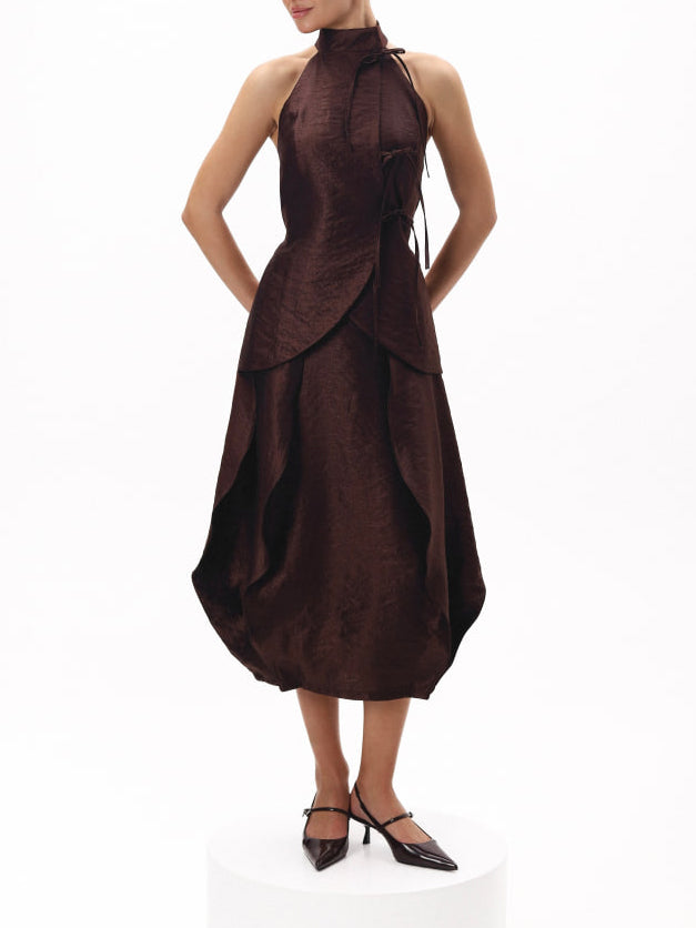 Elegant Textured Brown Halter Two-Piece Set