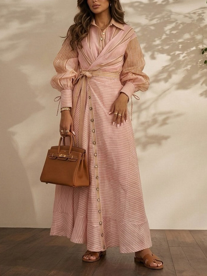 Elegant Striped Wrap Shirt Maxi Dress