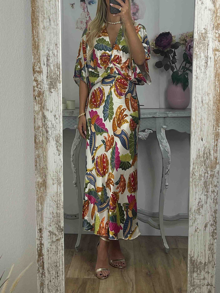 Retro Jungle Palm Leaf Satin Print Two-Piece Set