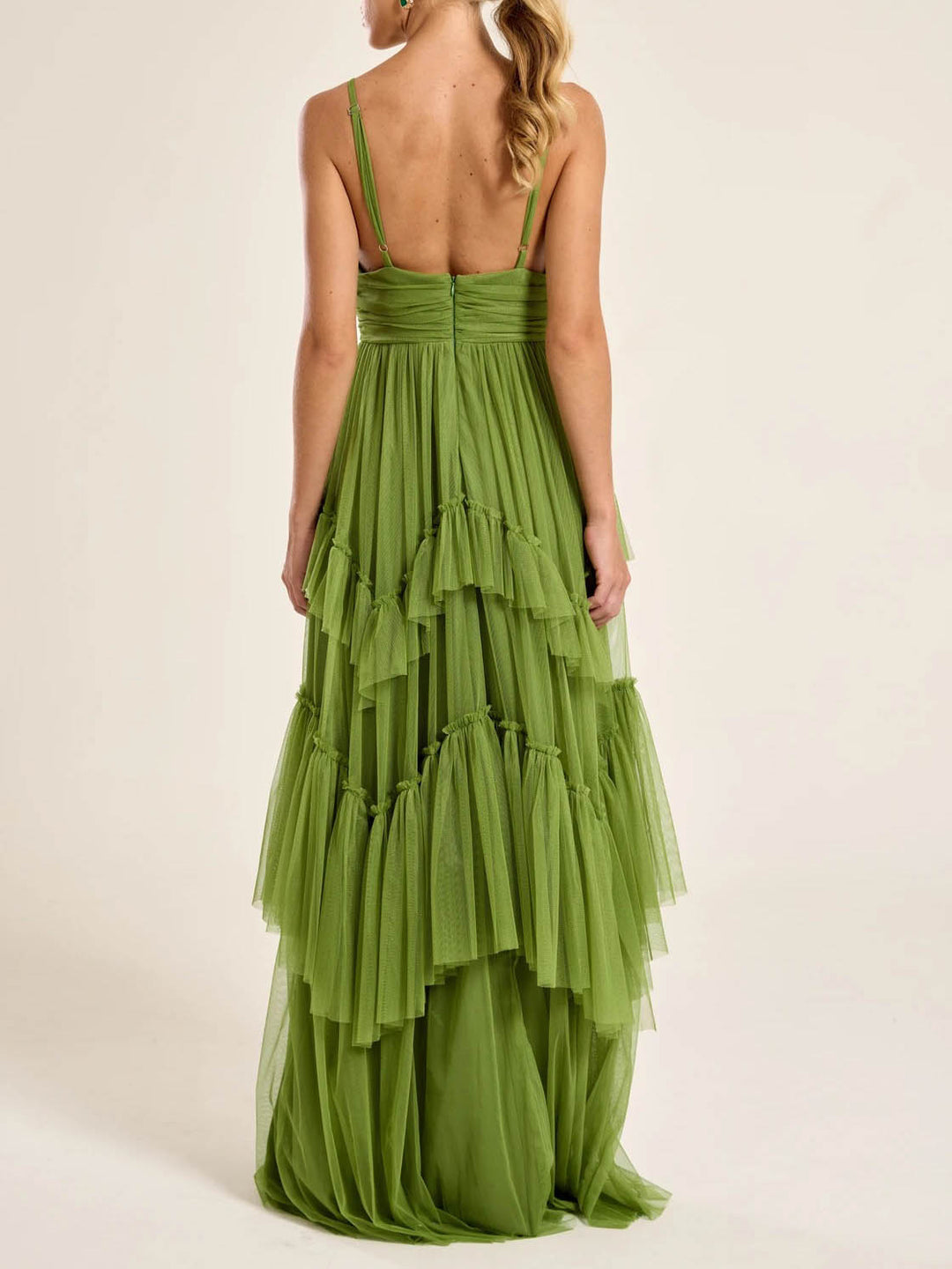 Elegant Deep V-Neck Tiered Tulle Maxi Dress