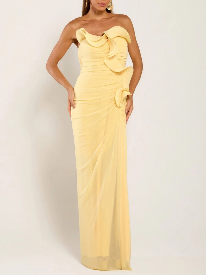 Elegant Strapless Ruched Floral Applique Maxi Dress
