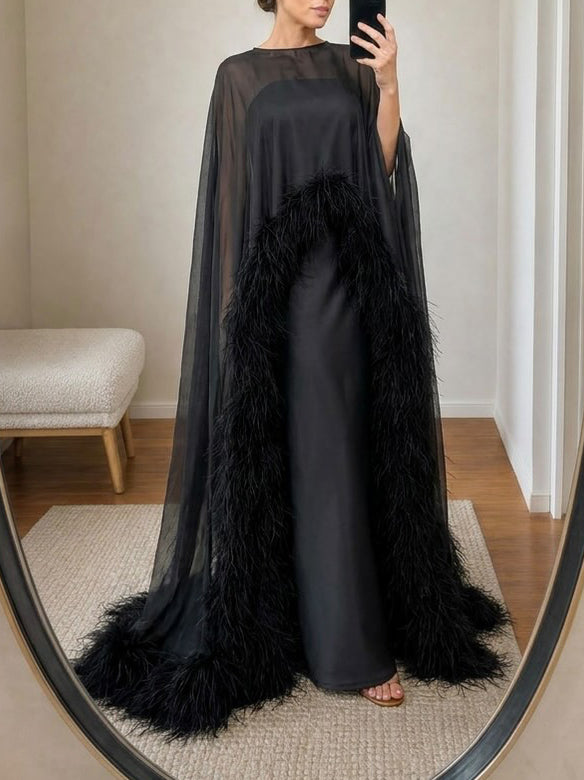 Elegant Sheer Chiffon Shawl Black Satin Maxi Dress