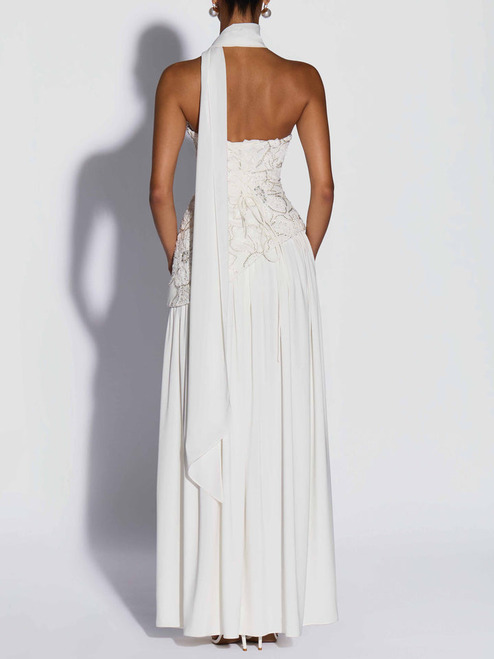Elegant Strapless Floral Embroidered Maxi Dress