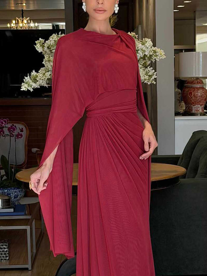 Elegant Round Neck Cape Sleeve Draped Chiffon Maxi Dress