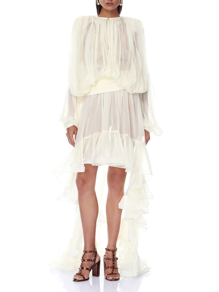 Elegant Sheer Ruffle Blouse & Layered High-Low Skirt Two-Piece Set