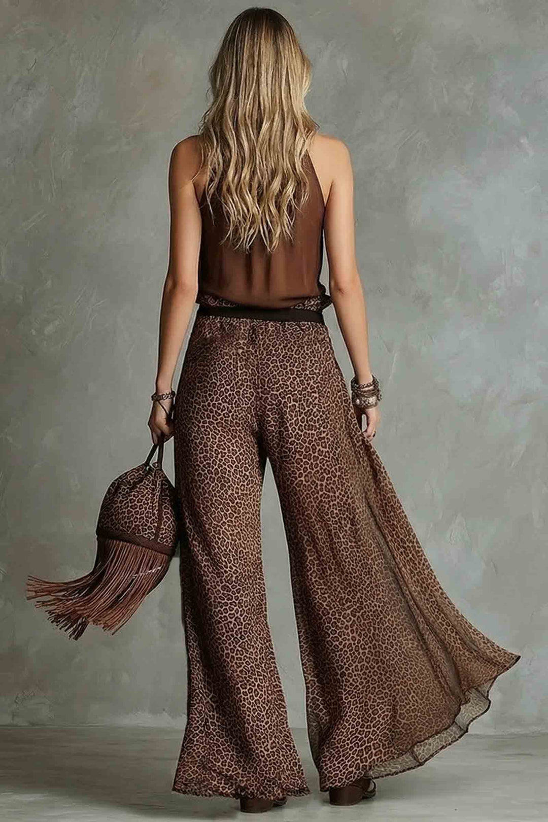 Halter-Neck Top And Leopard-Printed Wide-Leg Pants Set