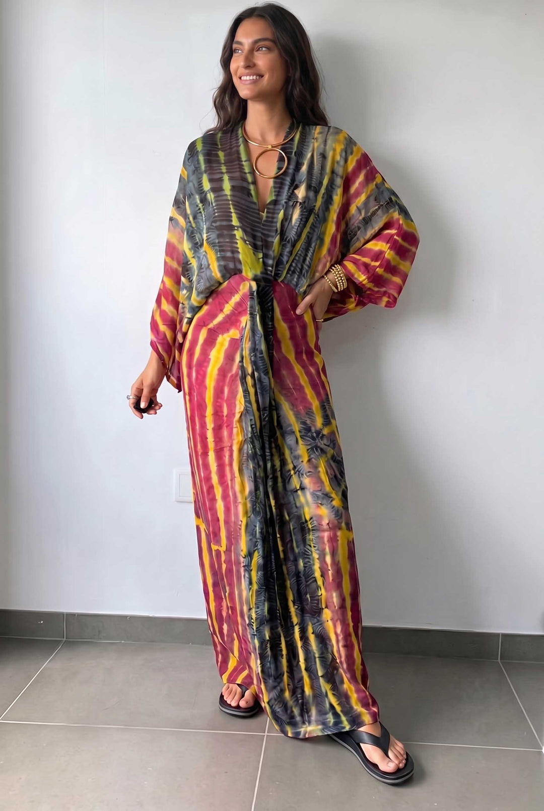 V-Neck Printed Slit Streamer Design Maxi Dress