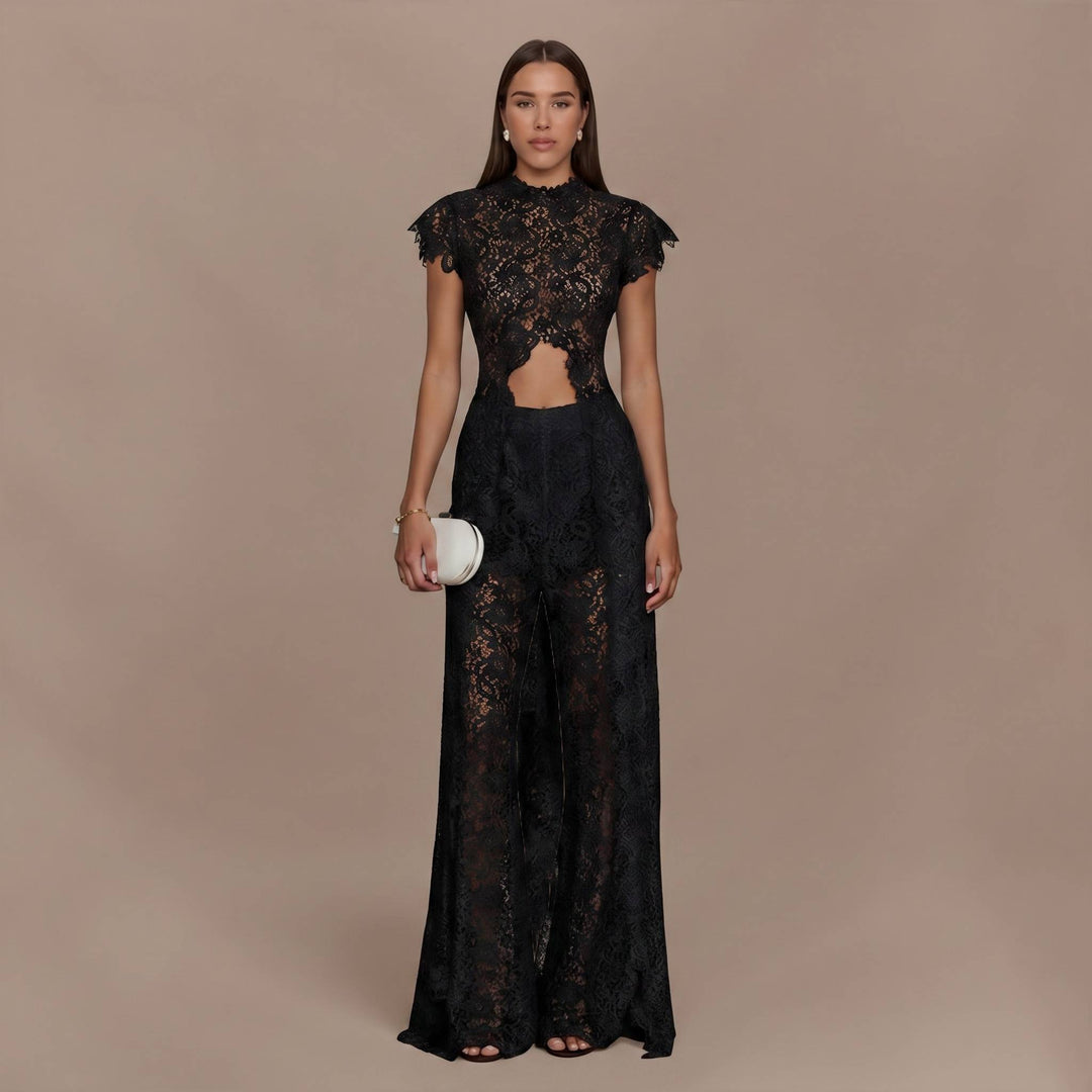 Lace Long-sleeved Top And Wide-leg Pants Set
