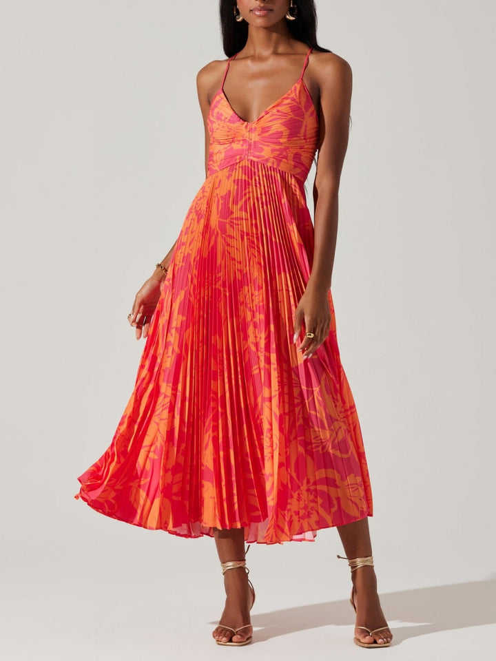 Elegante abito midi a pieghe con stampa floreale