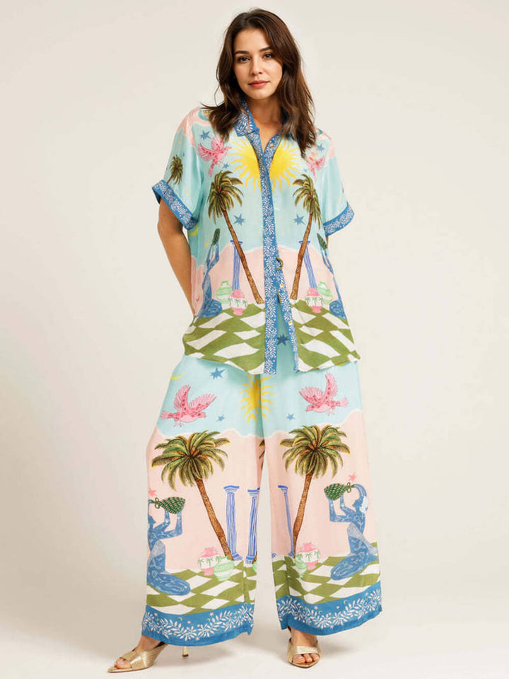 Casual Palm Tree Print Elastic Waist Pocket Wide-Leg Pants