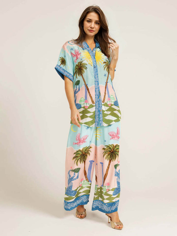 Casual Palm Tree Print Elastic Waist Pocket Wide-Leg Pants