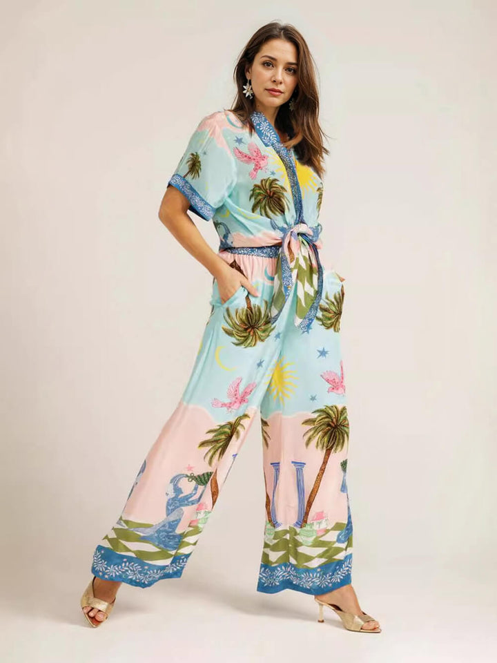 Casual Palm Tree Print Elastic Waist Pocket Wide-Leg Pants