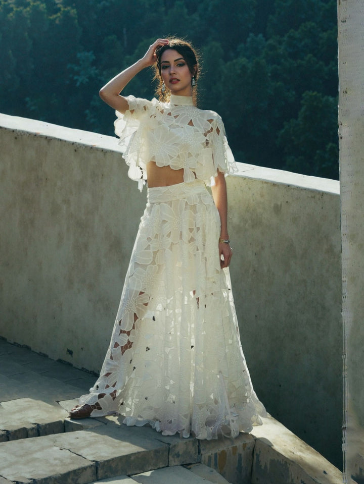 Elegant High-Neck Embroidered Lace Short Shirt & Skirt Two-Piece Set