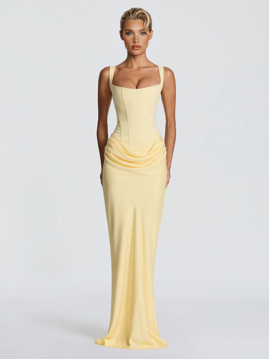 Elegant Square Neck Cinched Top & Ruched Waist Draped Maxi Dress