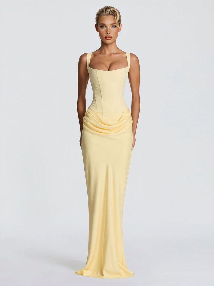 Elegant Square Neck Cinched Top & Ruched Waist Draped Maxi Dress