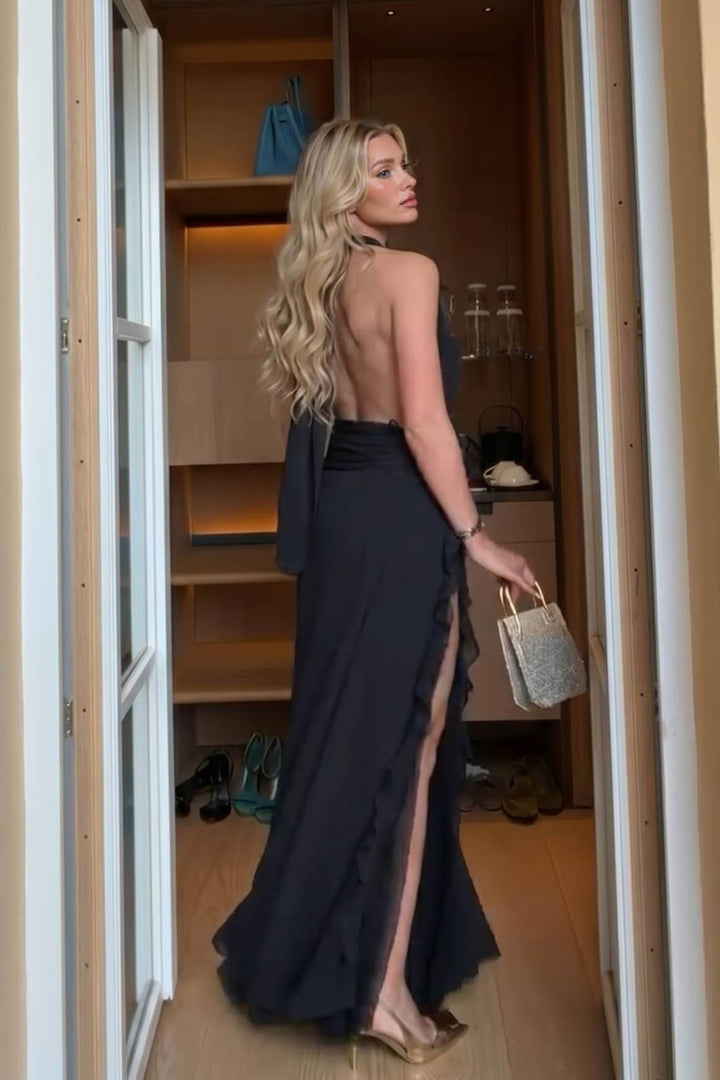 Ruffled Lace Deep V-Neck Slit Maxi Dress